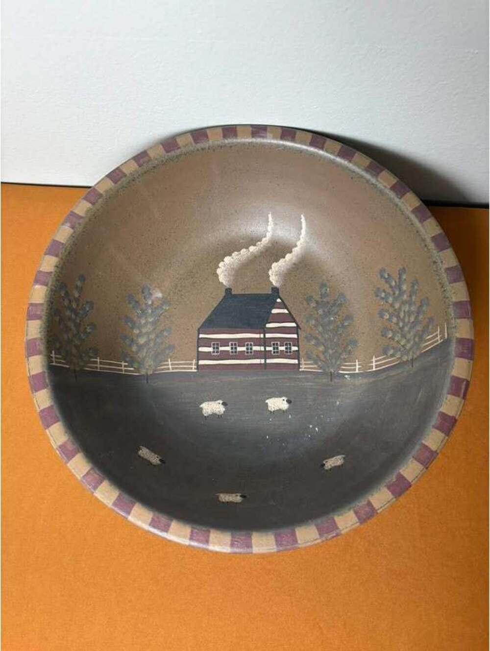 Wood 12” Bowl Primitive Farmhouse Sheep Hand Painted Signed By Kathy Graybill
